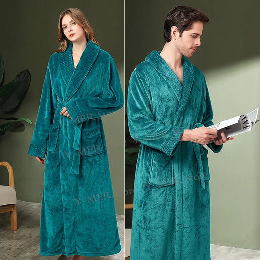 Peignoir de bain grande taille homme-flanelle-polyester-hiver-epais-col-chale-manche-longue-longueur-cheville-homme-femme-absorbant-vert