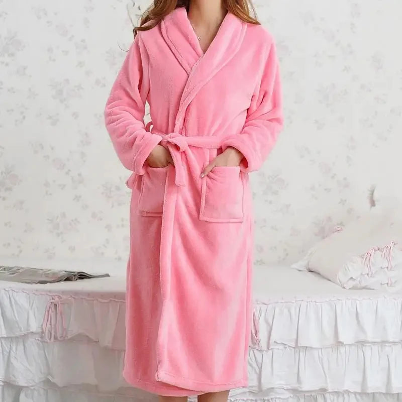 Peignoir_de_bain_grande_taille_homme-flanelle-polyester-hiver-epais-femme-col-chale-manche-longue-absorbant-mi-mollet-rose