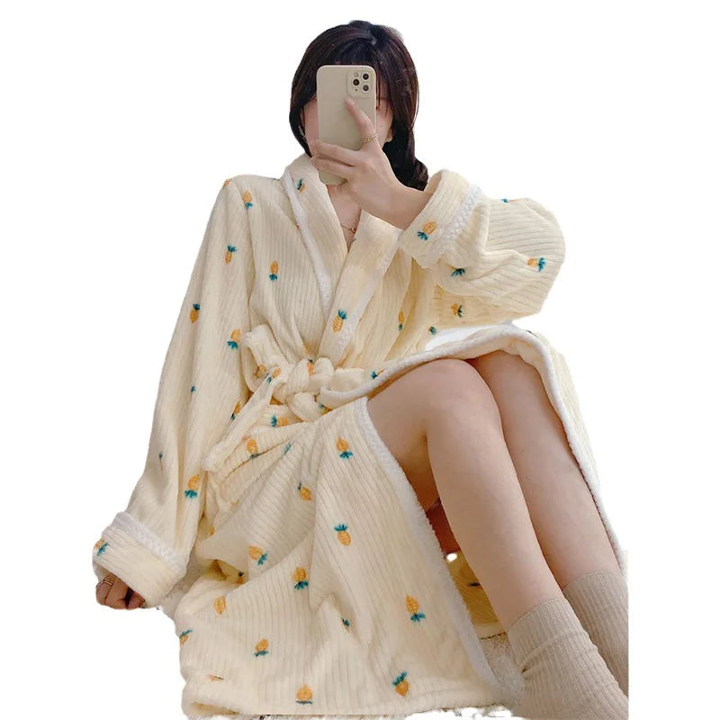 Peignoir de bain haut de gamme fille-polyester-col-chale-manche-longue-mi-mollet-épais-hiver-floral-jaune-blanc