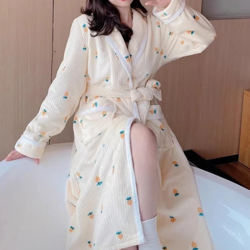 Peignoir de bain haut de gamme fille-polyester-col-chale-manche-longue-mi-mollet-épais-hiver-jaune-blanc