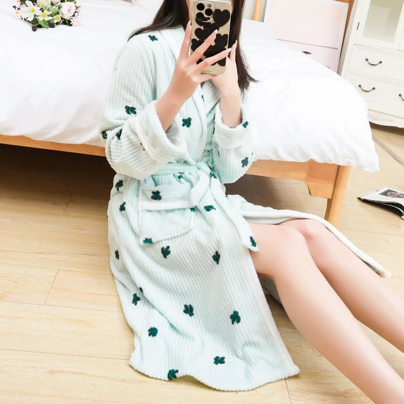 Peignoir de bain haut de gamme fille-polyester-col-chale-manche-longue-mi-mollet-hiver-épais-floral-blanc-bleu