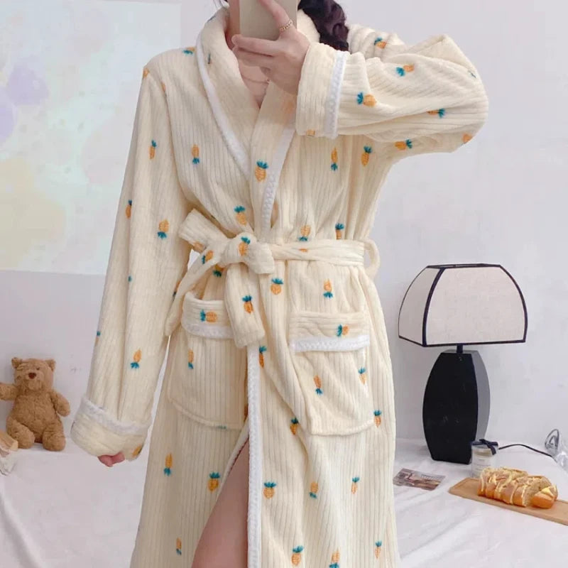 Peignoir de bain haut de gamme fille-polyester-col-chale-manche-longue-mi-mollet-hiver-épais-floral-jaune-blanc