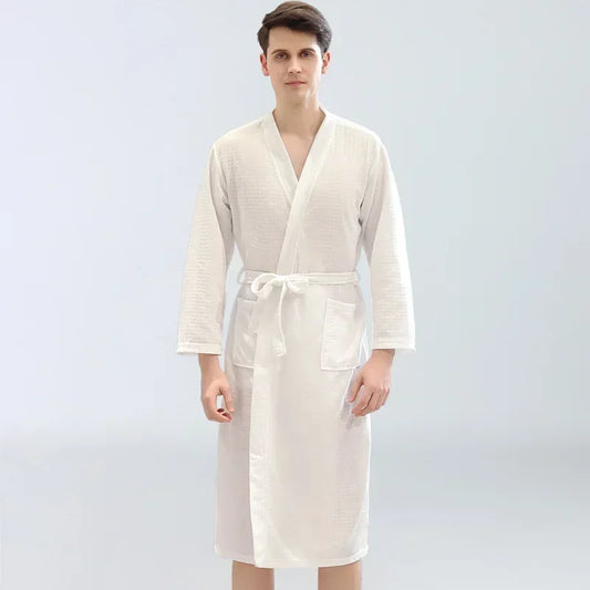 Peignoir de bain haut de gamme garçon-polyester-col-chale-manche-longue-mi-mollet-epaisseur-normale-été-automne-printemps-absorbant-blanc