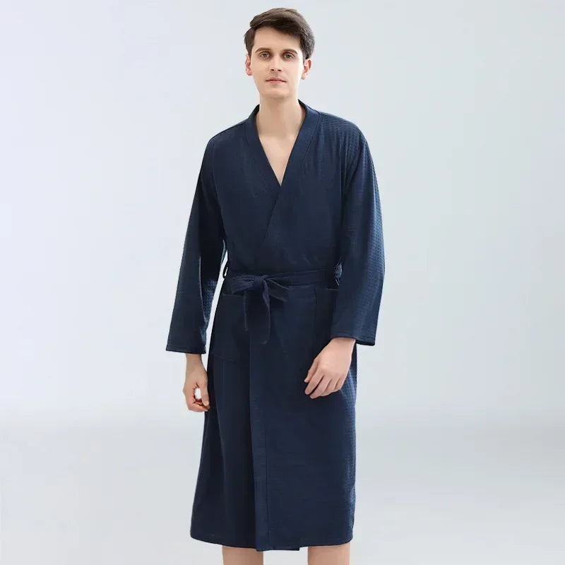 Peignoir de bain haut de gamme garçon-polyester-col-chale-manche-longue-mi-mollet-epaisseur-normale-été-automne-printemps-absorbant-bleu-fonce