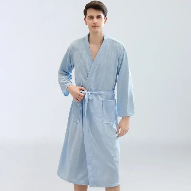 Peignoir de bain haut de gamme garçon-polyester-col-chale-manche-longue-mi-mollet-epaisseur-normale-automne-été-printemps-absorbant-bleu-ciel
