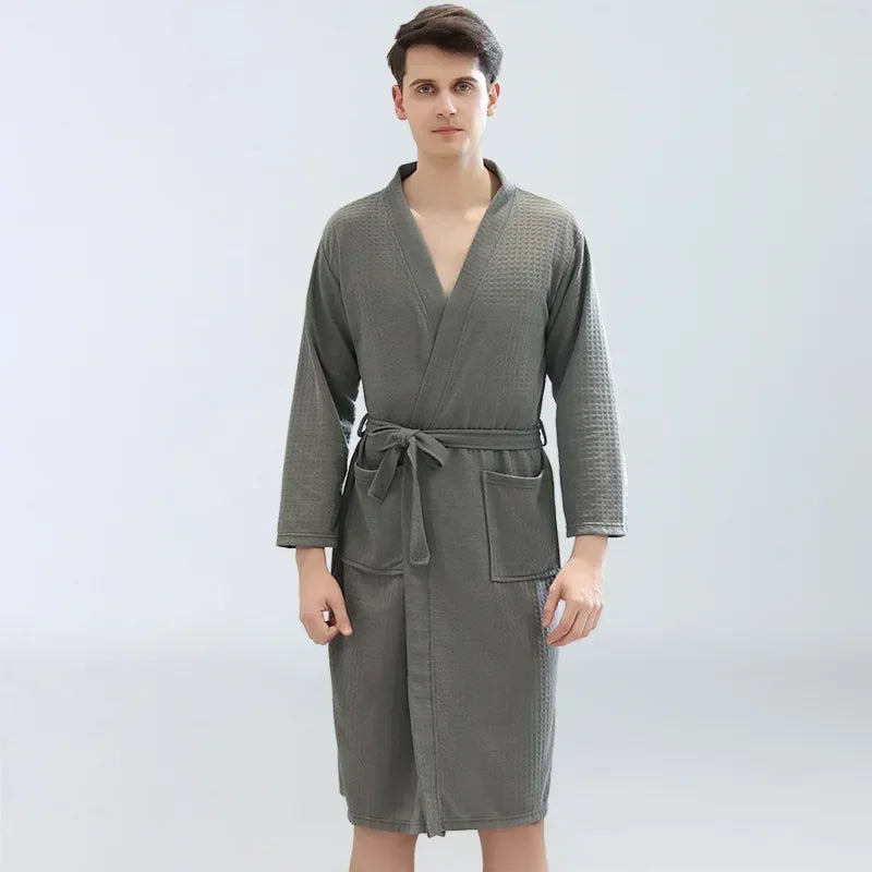 Peignoir de bain haut de gamme garçon-polyester-col-chale-manche-longue-mi-mollet-epaisseur-normale-automne-été-printemps-absorbant-gris