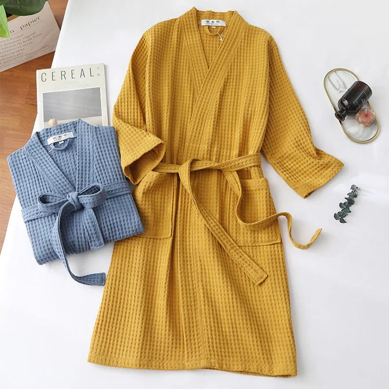 Peignoir de bain haut de gamme garçon coton bio-coton-polyester-manche-longue-mi-mollet-col-chale-hiver-épais-jaune-gris