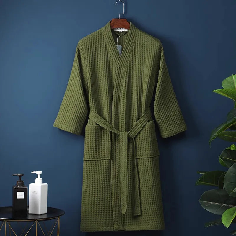 Peignoir de bain haut de gamme garçon coton bio-coton-polyester-manche-longue-mi-mollet-col-chale-hiver-épais-vert-gazon