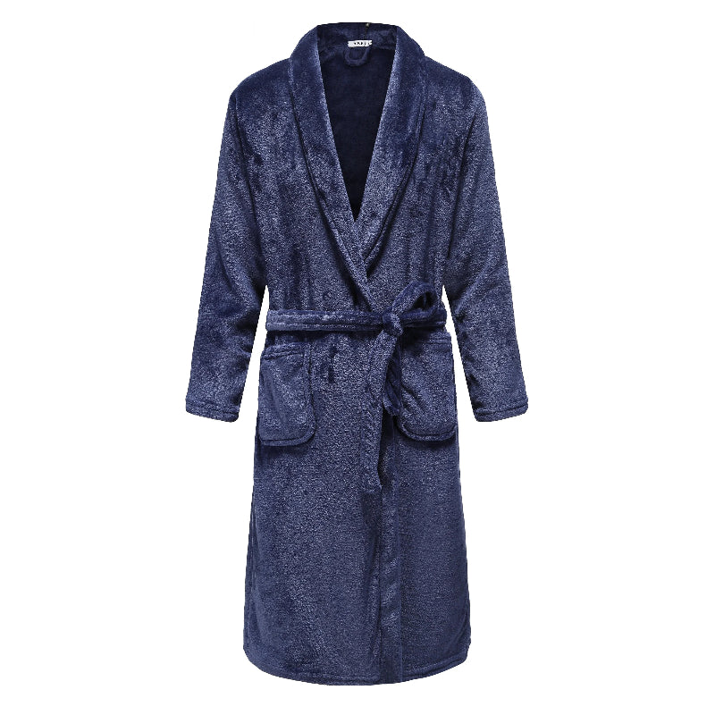 Peignoir de bain haut de qualité-flanelle-polyester-épais-hiver-manche-longue-mi-mollet-absorbant-bleu-marine