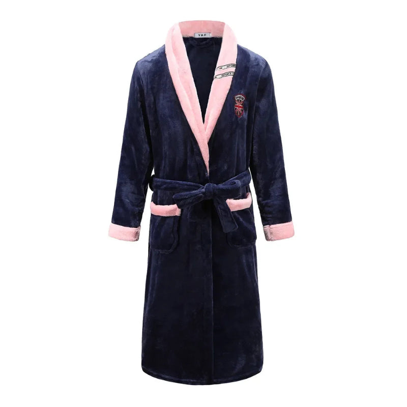 Peignoir de bain haut de qualité-flanelle-polyester-épais-hiver-manche-longue-mi-mollet-absorbant-col-chale-bleu-marine-rose
