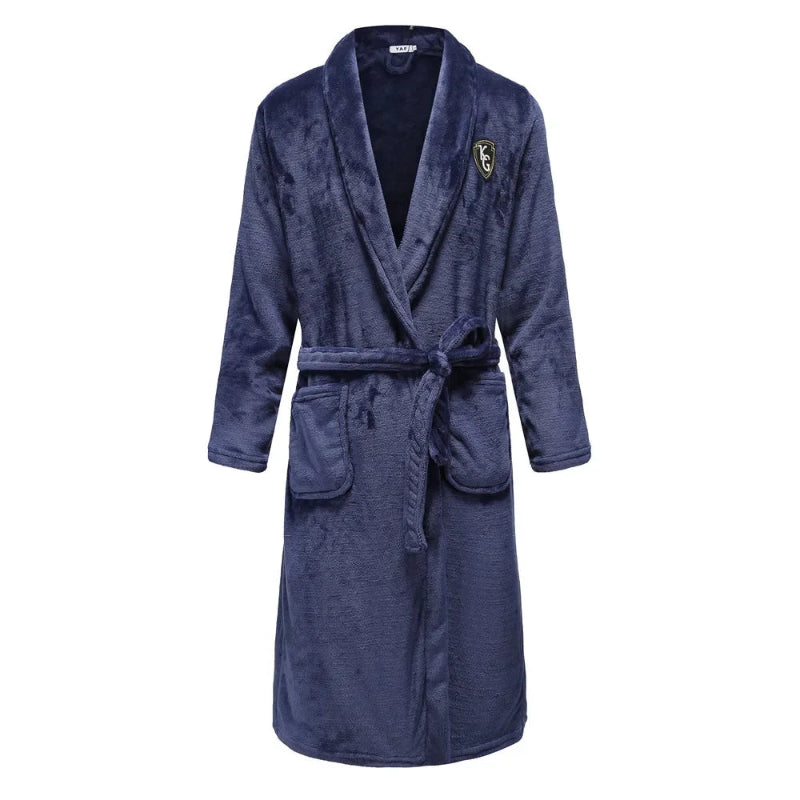 Peignoir de bain haut de qualité-flanelle-polyester-col-chale-épais-hiver-manche-longue-mi-mollet-absorbant-bleu-marine
