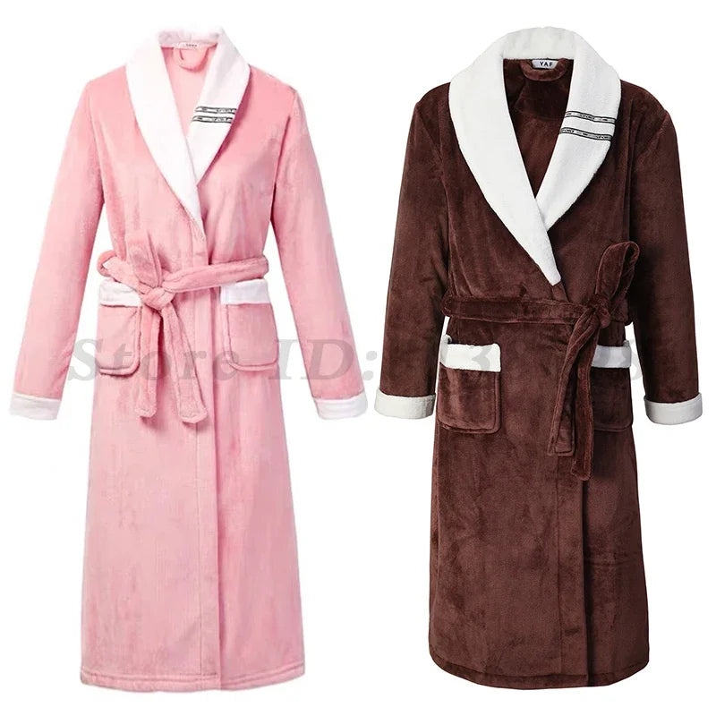 Peignoir de bain haut de qualité-flanelle-polyester-col-chale-épais-hiver-manche-longue-mi-mollet-absorbant-bordeaux-rose-marron