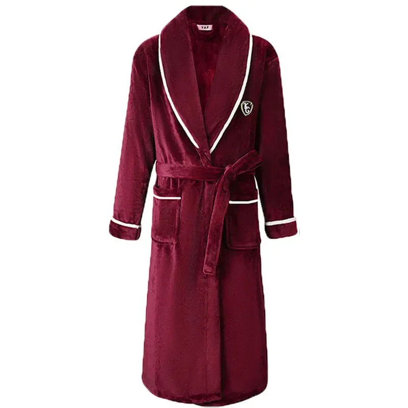 Peignoir de bain haut de qualité-flanelle-polyester-col-chale-épais-hiver-manche-longue-mi-mollet-absorbant-bordeaux