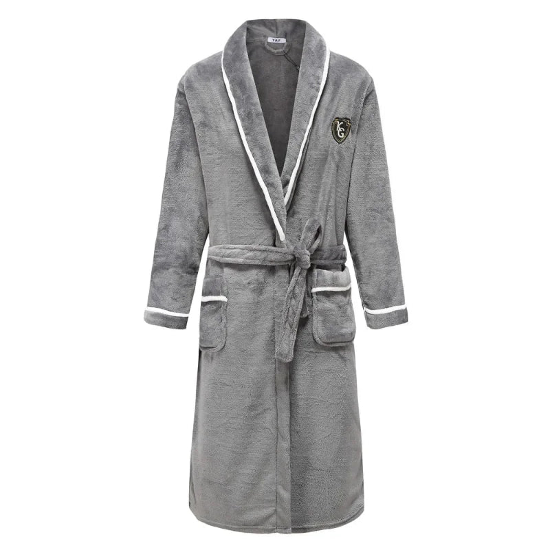 Peignoir de bain haut de qualité-flanelle-polyester-col-chale-épais-hiver-manche-longue-mi-mollet-absorbant-gris-blanc