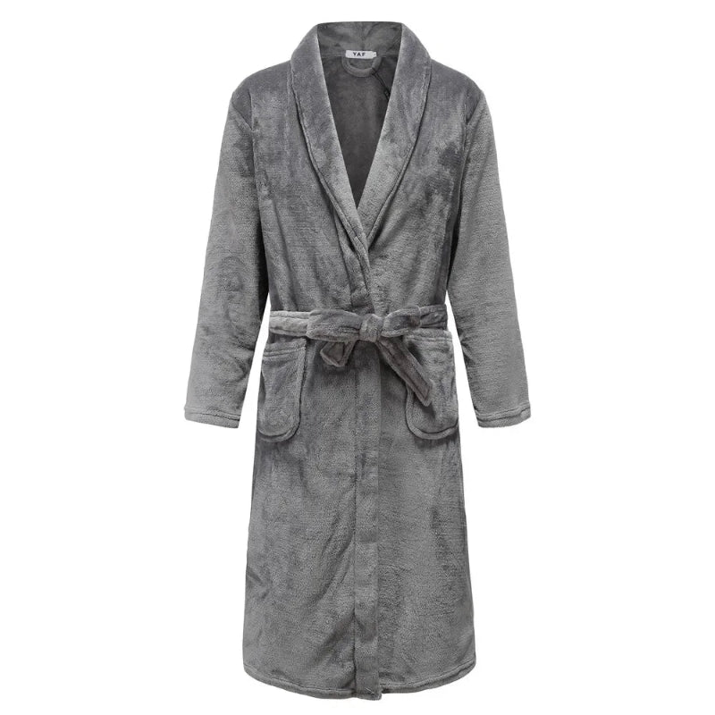 Peignoir de bain haut de qualité-flanelle-polyester-col-chale-épais-hiver-manche-longue-mi-mollet-absorbant-gris
