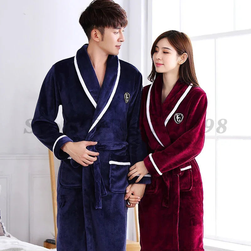 Peignoir de bain haut de qualité-flanelle-polyester-col-chale-épais-hiver-manche-longue-mi-mollet-bordeaux-bleu-marine