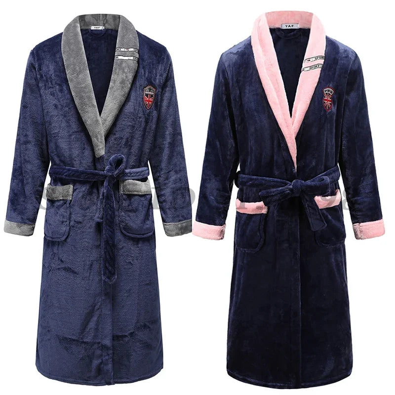 Peignoir de bain haut de qualité-flanelle-polyester-col-chale-épais-hiver-manche-longue-mi-mollet-bordeaux-bleu-rose