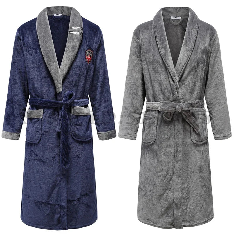 Peignoir de bain haut de qualité-flanelle-polyester-col-chale-épais-hiver-manche-longue-mi-mollet-bordeaux-gris-bleu