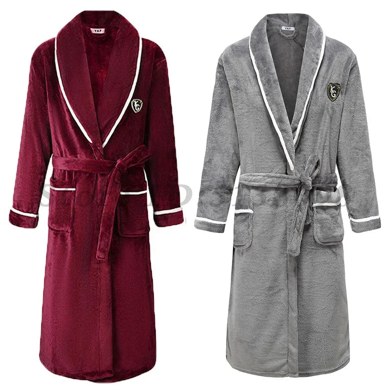 Peignoir de bain haut de qualité-flanelle-polyester-col-chale-épais-hiver-manche-longue-mi-mollet-bordeaux-gris