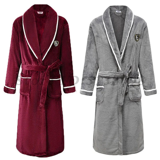 Peignoir de bain haut de qualité-flanelle-polyester-col-chale-épais-hiver-manche-longue-mi-mollet-bordeaux-gris