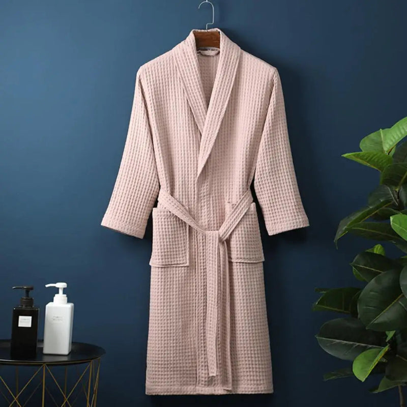 Peignoir de bain haute couture-coton-confortable-doux-manche-longue-mi-mollet-col-chale-hiver-beige