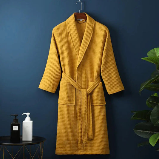 Peignoir de bain haute couture-coton-confortable-doux-manche-longue-mi-mollet-col-chale-jaune