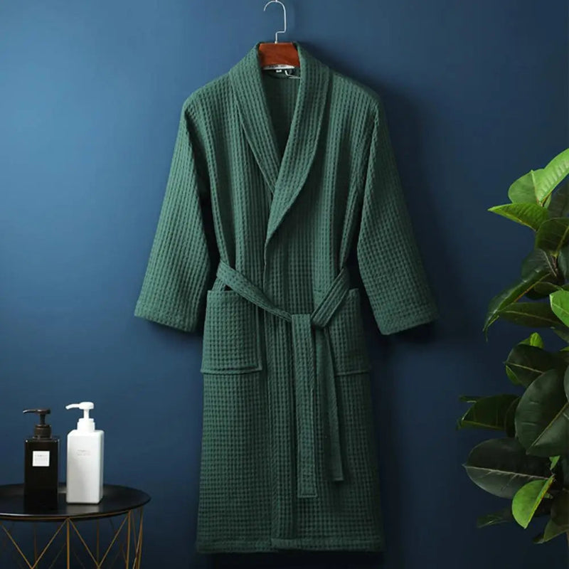 Peignoir de bain haute couture-coton-confortable-doux-manche-longue-mi-mollet-col-chale-vert