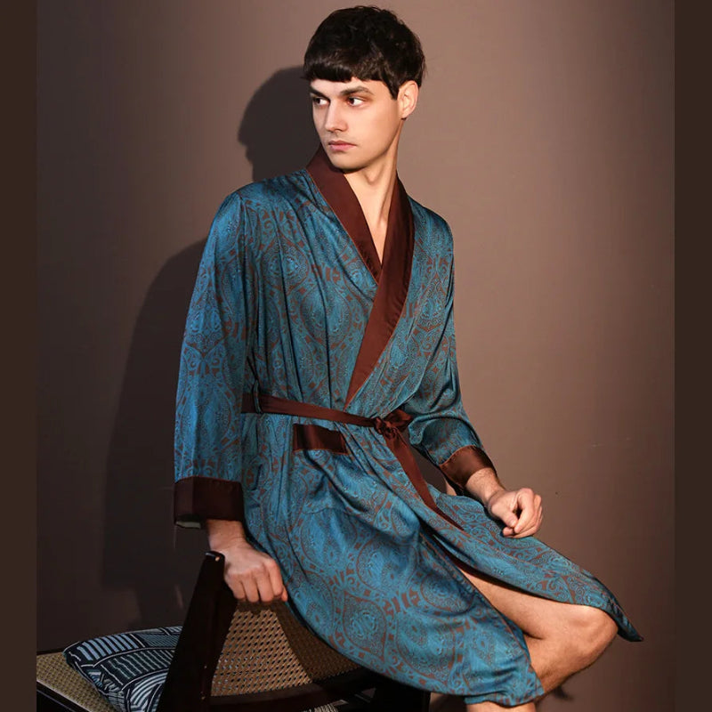 Peignoir_de_bain_homme-polyester-satin_-manche-longue-mi-genou-bleu-col-chale-marron-floral