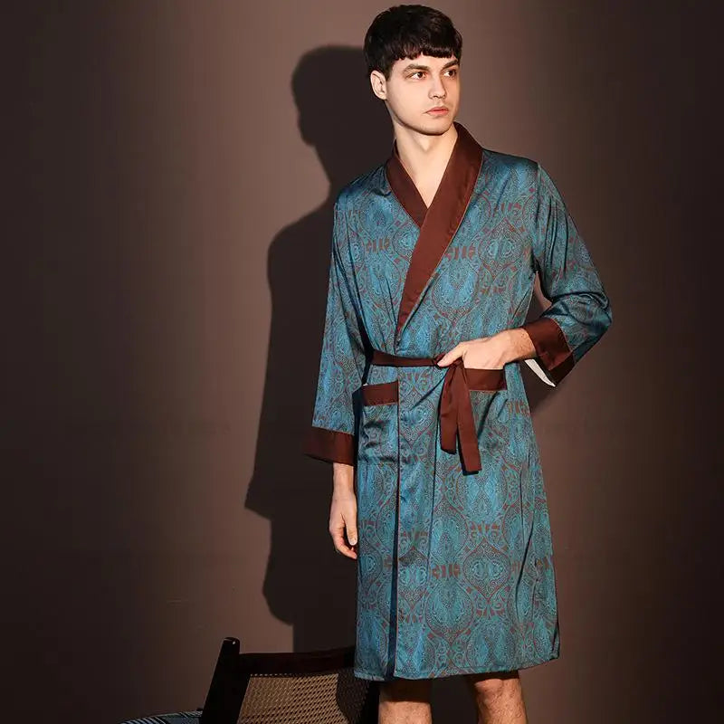 Peignoir de bain homme-polyester-satiné-manche-longue-mi-genou-col-chale-floral-normal-marron