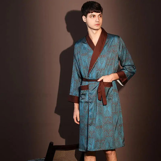 Peignoir de bain homme-polyester-satiné-manche-longue-mi-genou-col-chale-floral-normal-marron