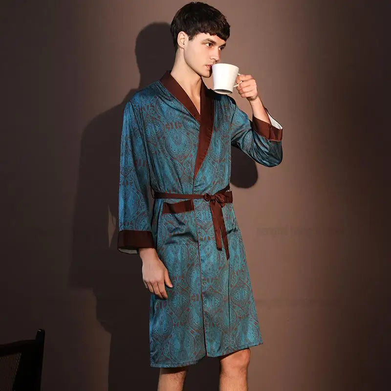 Peignoir_de_bain_homme-polyester-satin_-manche-longue-mi-genou-col-chale-marron-floral-bleu