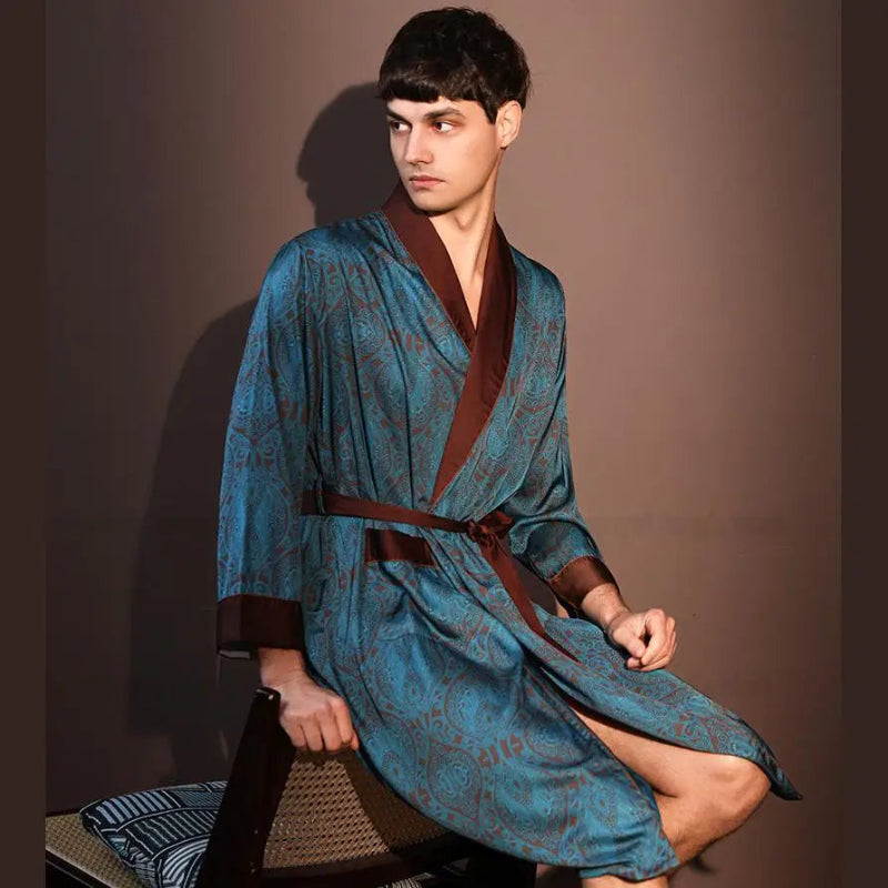 Peignoir_de_bain_homme-polyester-satin_-manche-longue-mi-genou-col-chale-marron-floral-