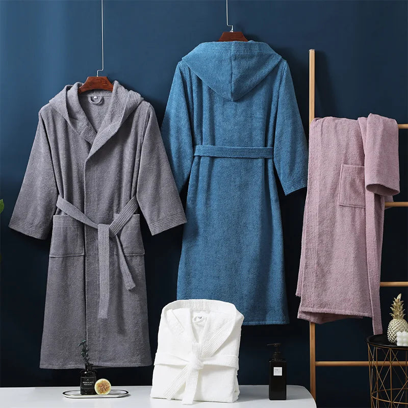 Peignoir de bain homme à capuche-coton-capuche-manche-longue-mi-mollet-gris