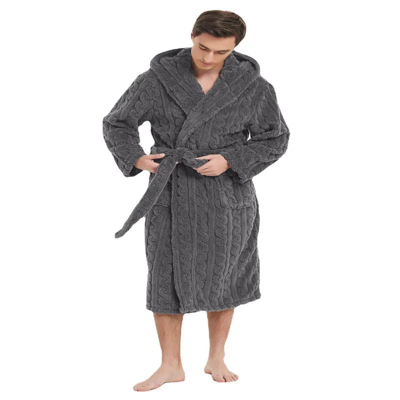 Peignoir de bain homme coton-col-chale-manche-longue-mi-mollet-capuche-hiver-absorbant-gris