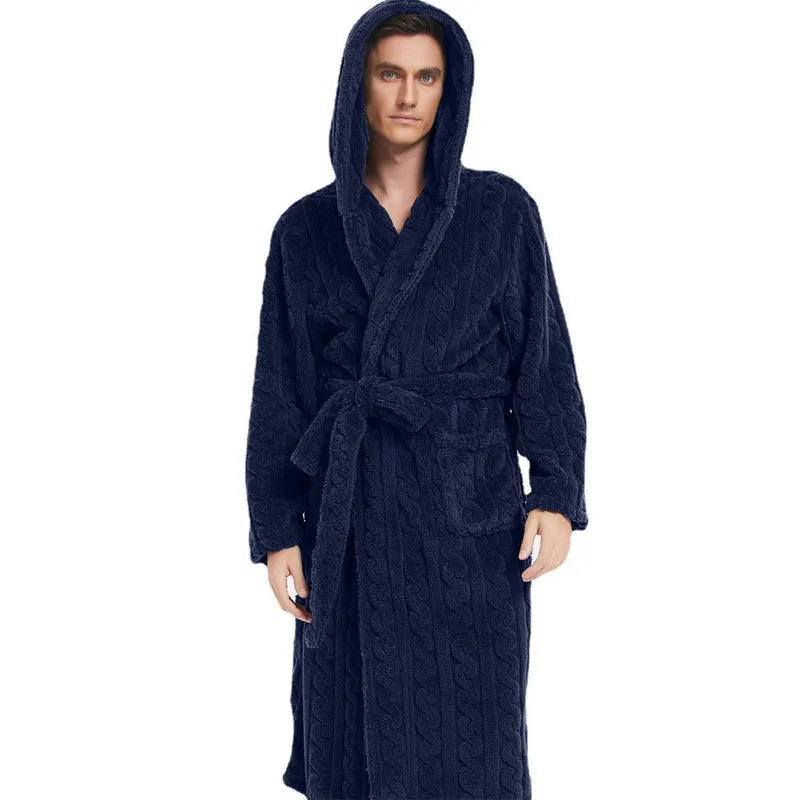 Peignoir de bain homme coton-col-chale-manche-longue-mi-mollet-capuche-hiver-bleu-foncé