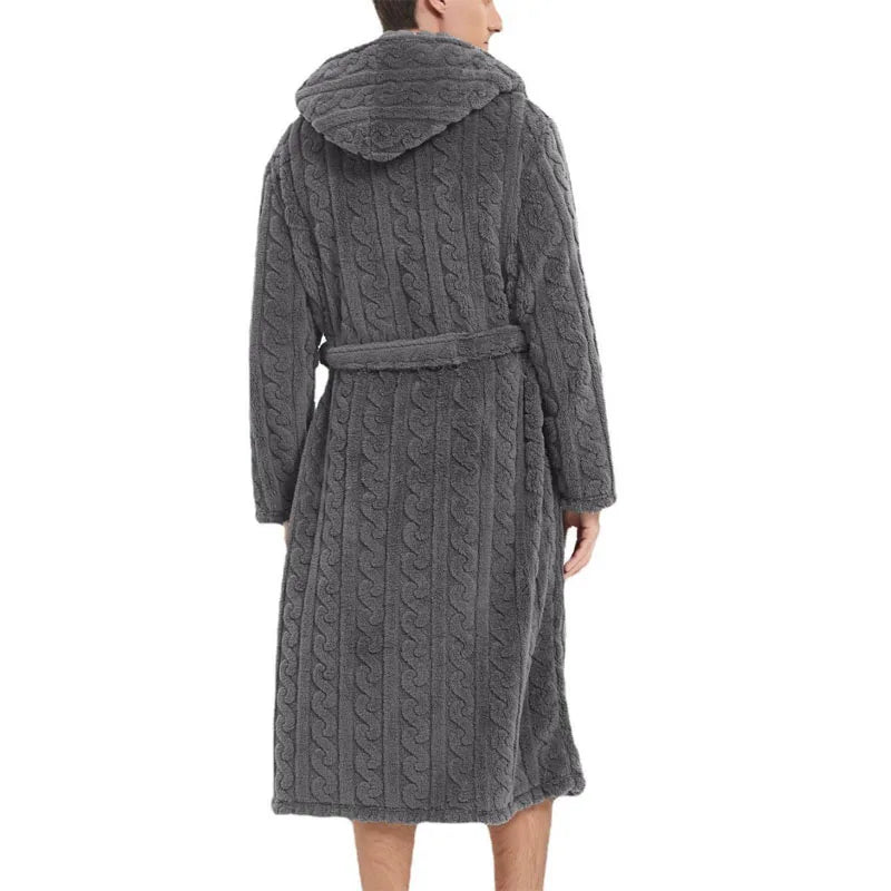 Peignoir de bain homme coton-col-chale-manche-longue-mi-mollet-capuche-hiver-gris-absorbant