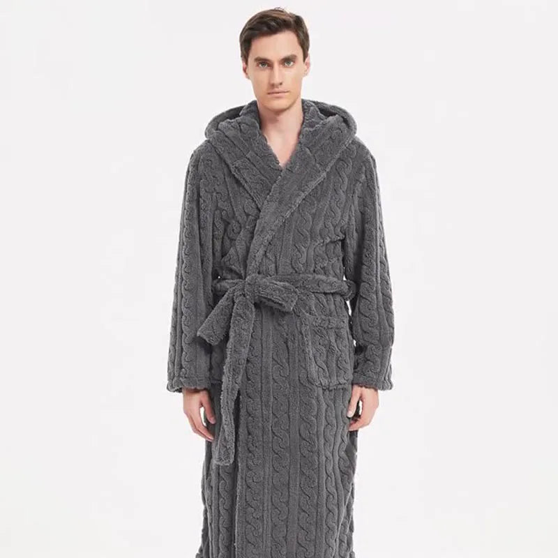 Peignoir de bain homme coton-col-chale-manche-longue-mi-mollet-capuche-hiver-gris