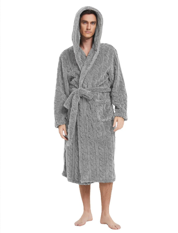 Peignoir de bain homme coton-col-chale-manche-longue-mi-mollet-hiver-absorbant-gris-clair