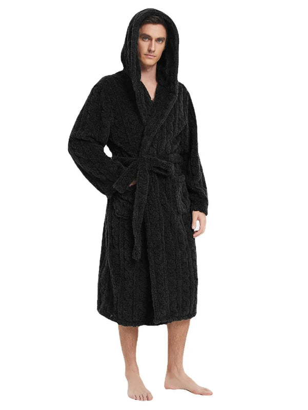 Peignoir de bain homme coton-col-chale-manche-longue-mi-mollet-hiver-absorbant-noir