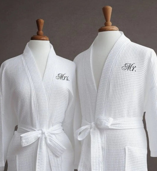 Peignoir de bain homme coton brodé-mi-mollet-manche-longue-col-chale-blanc