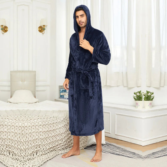 Peignoir de bain homme court avec capuche-polyester-mi-mollet-manche-longue-hiver-absorbant-bleu-foncé