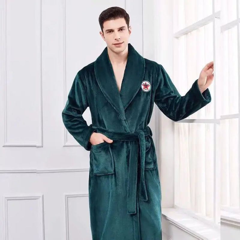 Peignoir de bain homme court avec capuche-polyester-mi-mollet-manche-longue-hiver-absorbant-col-chale-bleu-marine