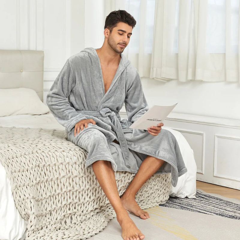 Peignoir de bain homme court avec capuche-polyester-mi-mollet-manche-longue-hiver-absorbant-col-chale-gris