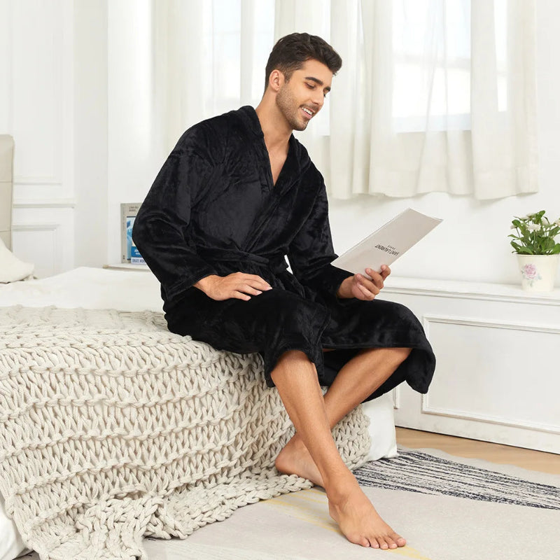 Peignoir de bain homme court avec capuche-polyester-mi-mollet-manche-longue-hiver-absorbant-col-chale-noir