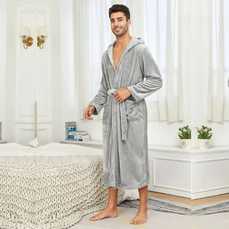 Peignoir de bain homme court avec capuche-polyester-mi-mollet-manche-longue-hiver-absorbant-gris