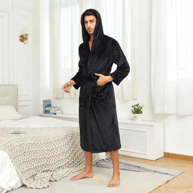 Peignoir de bain homme court avec capuche-polyester-mi-mollet-manche-longue-hiver-noir
