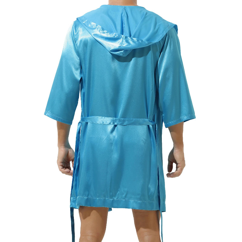 Peignoir de bain homme court capuche-polyester-satiné-absorbant-longueur-genou-bleu-marine