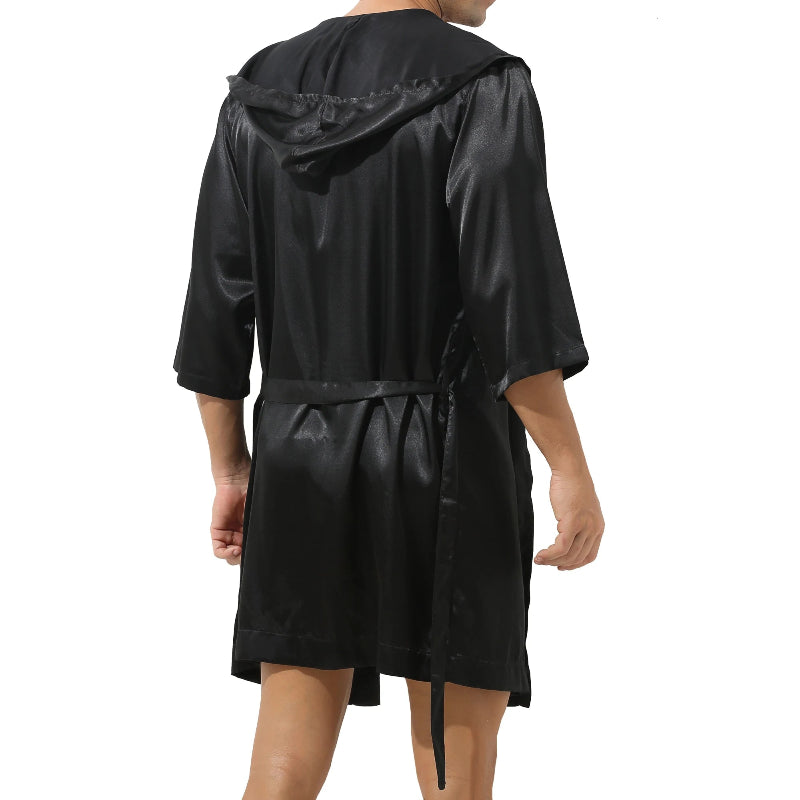 Peignoir de bain homme court capuche-polyester-satiné-absorbant-longueur-genou-noir