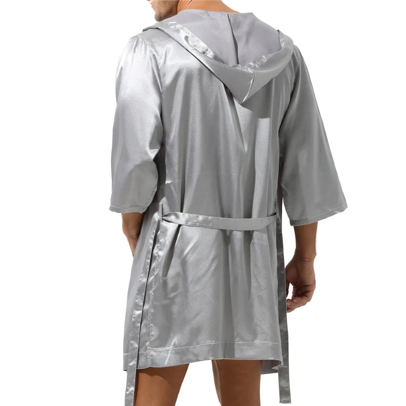Peignoir de bain homme court capuche-polyester-satiné-absorbant-manche-trois-quarts-été-gris