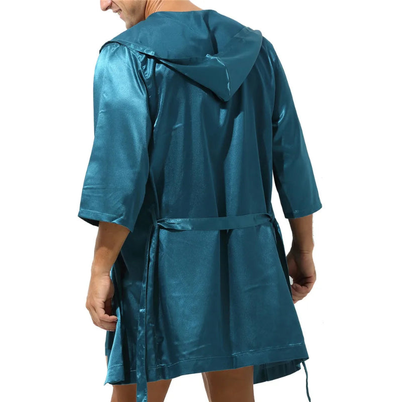 Peignoir de bain homme court capuche-polyester-satiné-absorbant-mi-cuisse-culotte-bleu-marine